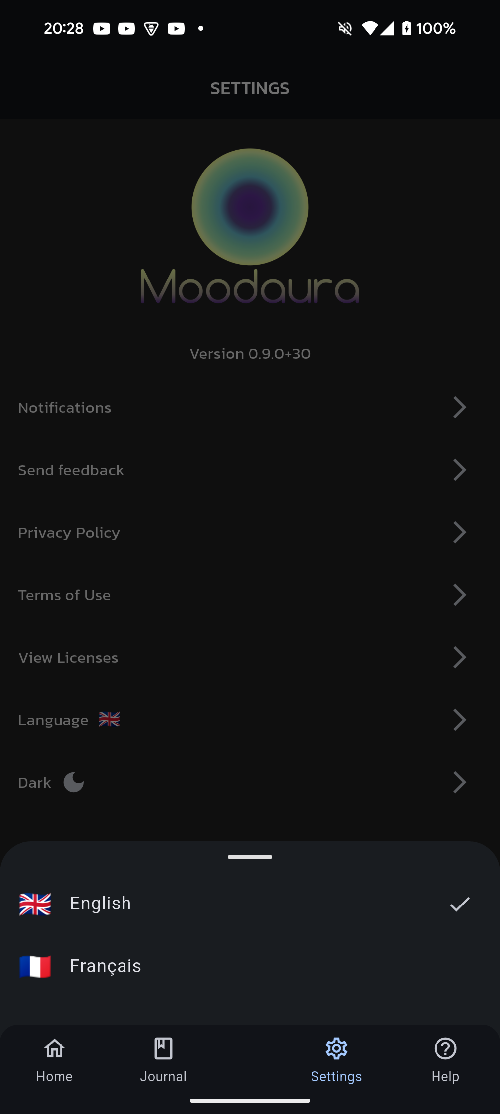 Moodaura dark mode interface